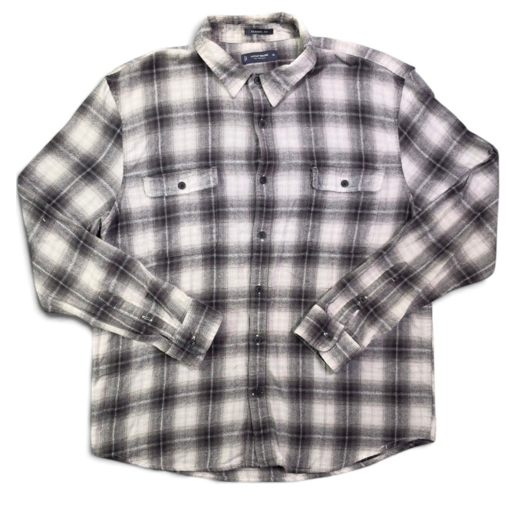 Lucky Brand Mens XL Plaid Flannel Shirt Black White Classic Fit Button Up